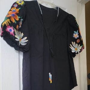 Boho Embroidered Black Floral Women's Top